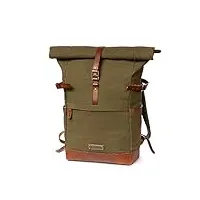 drakensberg sac à dos rolltop 'wyatt' en toile et cuir, compartiment ordinateur portable 15" - design utilitaire vintage, femmes, hommes, 20-30l - vert-olive, dr00106