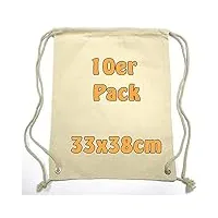 cottonbagjoe lot de 10 sacs à dos en coton pour enfants - petit format - 33 x 38 cm - avec cordon de serrage - naturel - 33 x 38 cm