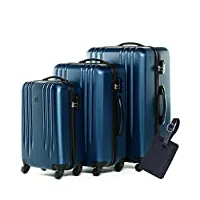 fergÉ set 3 valises rigide léger + une étiquette de bagage marseille ensemble de bagages trolley voyage bleu