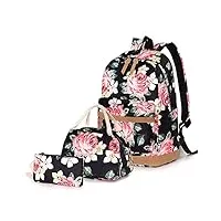 sac à dos scolaire pour fille, fewofj sacs à dos de toile + sac à lunch + sac de stylo pour l’adolescent l’Étudiant - les loisirs, le voyage, la randonnée (gros floral)