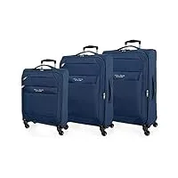 roll road royce set de bagages bleu 55/66/76 cms souple polyester serrure à combinaison 196l 4 roues bagage à main