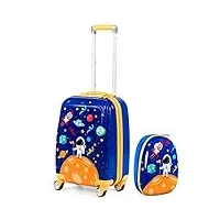 goplus valise enfant fille garçon, valise enfant 18” ＆sac à dos 12”, trolley à roulettes abs, hauteur de poignée réglable, valise de voyage bagage cabine en vol (bleu)