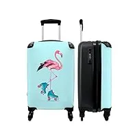 noboringsuitcases.com® valise ado fille bagage cabine voyage cadeau - flamant rose - patins à roulettes - bleu - 55x35x20cm