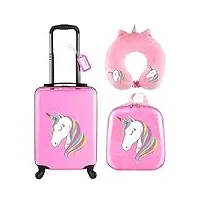 sanwuta lot de 4 valises de voyage à roulettes pour filles avec sac à dos, coussin de nuque et étiquette nominative rose, rose, unicorn style