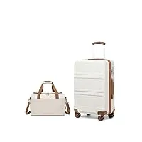 kono set de 2 valises de voyage rigide bagage cabine 55cm à 4 roulettes avec serrure tsa + sac de voyage ryanair 40x20x25cm, blanc crème