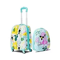 maxmass lot de 2 valises rigides pour enfants avec 4 roues universelles, valise et sac à dos pour les voyages, flamant bleu, 12"+16"