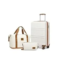 kono set de 3 valises de voyage rigide bagage cabine 55cm à 4 roulettes et serrure tsa + pliable sac de voyage pour sport avec trousse de maquillage, blanc crème