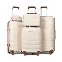 joyway set de valises 5pcs coque dure avec 4 roues et serrure tsa le set de bagages contient 1 valise cosmétique et 1 sac portable blanc/brun
