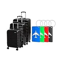 amazon basics valise de voyage à roulettes pivotantes, noir, lot de 3 valises & brencco 4 Étiquettes à bagages en aluminium avec carte pour informations personnelles, résistantes à la saleté