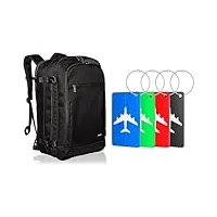 amazon basics sac à dos cabine, taille unique, noir & brencco 4 Étiquettes à bagages en aluminium avec carte pour informations personnelles, résistantes à la saleté