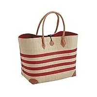sac cabas en rabane rayé rouge et blanc avec bandoulières et coins en cuir