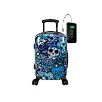 tokyoto valise trolley rigide pour enfants garçons 55x35x20 55x40x20 cm/valise bagage sac de voyage avec serrure tsa, valise prête à charger les portables, connexion usb blue skulls