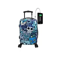 tokyoto valise trolley pour enfants garçons 55x35x20 55x40x20 cm/valise bagage sac de voyage avec serrure tsa, valise prête à charger les portables, connexion usb blue skulls