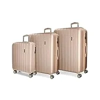 movom wood set de bagages beige 55/65/75 cms rigide abs serrure tsa 220l 4 roues doubles bagage à main