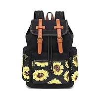 bluboon sac à dos d'école pour femme et fille, sac à dos de voyage pour ordinateur portable de 15,6 pouces, black sunflower, 12*17.8*6.5 inches, motif :