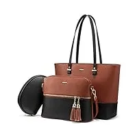 lovevook ensemble de 3 sacs à main pour femme, sac à bandoulière, sac cabas pour femme, grand, designer, élégant, marron/noir, 3pcs set, contemporain