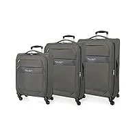 roll road royce set de bagages gris 55/66/76 cms souple polyester serrure à combinaison 196l 4 roues bagage à main