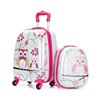 costway valise enfants à roulettes 16’’ & sac à dos 12’’ avec poignée télescopique, bagage enfants avec motif hibou, 4 roues rotatives, lot de 2 valise pour fille garçon