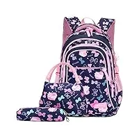 le sac à dos d'enfants 3pcs le sac d'école de filles roses imperméable en nylon avec le sac à lunch Étui à crayons pour sac à dos pour enfant imprimé bowknot 6-13 ans enfants adolescents et étudiants.