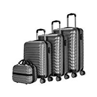 newteck numada - lot de 4 valises (53/63/75cm) et trousse de toilette mod grise, abs, rigide, résistant, 4 doubles roues, léger, serrure à combinaison latérale