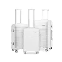kono set de 3 valises rigide ensemble de bagages en polypropylène ultra léger à 4 roulettes avec serrure tsa 55cm bagage cabine + 65cm + 76cm (blanc)