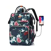 sac à dos femme,sac à dos ordinateur portable 15,6 pouces avec port de chargement usb et poche rfid pour collège,école,travail,voyage(fleur)