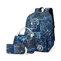 sac d'école enfants 3-en-1 ensemble de cartables, junlion sac à dos pour ordinateur portable garçon de musique sac à déjeuner Étui à crayons cadeau pour adolescents garçons bleu