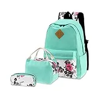 floral sac à dos scolaire pour fille, 3 en 1 cartable de loisir en toile sac à dos + sac à lunch + sac de stylo pour l’adolescent l’Étudiant