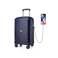 kono bagage cabine rigide léger 55x35x21 cm valise de voyage trolley avec usb chargeur et serrure tsa (bleu marine)