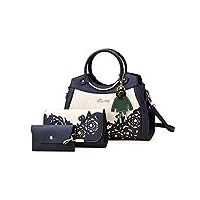 nicole & doris sac porté main de 3 pièces sacs à main pour femmes+portefeuille en main+porte cartes utilitaires sac cabas sac à bandoulière avec pendentif bleu marin