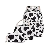 imprimé de vache sac à dos scolaire pour fille, 3 en 1 cartable de loisir en toile sac à dos + sac à lunch + sac de stylo pour l’adolescent l’Étudiant