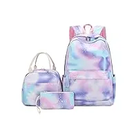 set de cartable 3 en 1 sac à dos enfant cartable fille primaire imperméable sac pour lécole loisir voyage scolaire sac à lunch sac à crayons (bleu violet)