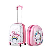 giantex valise enfant à roulettes légère avec sac à dos, bagages cabine enfant avec espace suffisant pour voyage,École,camping, rosé, licorne
