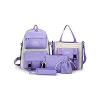 ergocar mode 5 in 1 sets de sacs scolaires avec sac à main, trousse, sac à monnaie, imperméable sacs à dos ordinateur portable 14-in pour garçon fille, grand ados sac décole, violet