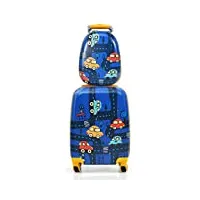 costway valise enfants à roulettes 18’’ & sac à dos 12’’ avec poignée télescopique, bagage enfants avec motif voiture d'avion, 4 roues rotatives, lot de 2 valise pour fille garçon (voiture)