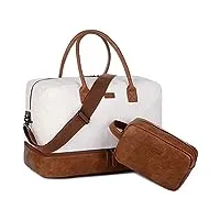 sac de voyage en toile pour femme - sac de week-end - bagage à main avec compartiment à chaussures et trousse de toilette - hb-10, blanc/beige