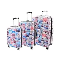 valise à 4 roues avec impression carte postale, multicolore, full set, bagage rigide avec roulettes pivotantes