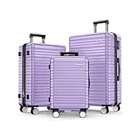 beow lot de 3 valises légères à roulettes en abs durable avec serrure tsa 20/24/28 (violet lavande), violet lavande, bagage à roulettes