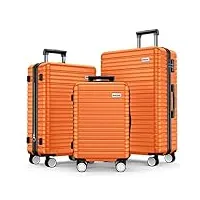 beow lot de 3 valises légères avec roues en abs durable avec serrure tsa 20/24/28 (orange), orange, bagage à roulettes