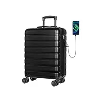 anyzip valise trolley cabine pc abs bagage à main avec usb et serrure tsa trolley rigide bagages cabine avec 4 roulettes (noir,m)