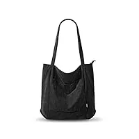 kalidi sac à bandoulière cabas fourre-tout imperméable pour femme - en velours côtelé avec fermeture zippée, poches, compartiments - grande capacité pour école, travail, shopping, noir ,