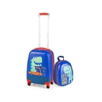 goplus valise cabine enfant 18" & sac à dos enfant 12", valise enfant garçon fille, bagage voyage enfant à roulettes, surface Étanche, hauteur de poignée réglable, motifs mignons et divers (bleu)