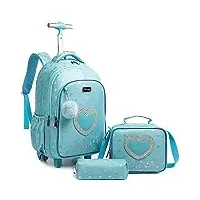 htgroce sac fille 3 en 1 sac à dos avec roulettes fille primaire, cartable roulette bagages cabine loisir voyage enfant fille primaire