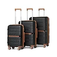 british traveller set de 3 valise rigide en polypropylène légere à 4 roulettes avec serrure tsa intégré ensembles de bagages, valise de voyage 55/66/76cm (noir)