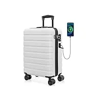 anyzip valise trolley cabine pc abs bagage à main avec usb et serrure tsa trolley rigide bagages cabine avec 4 roulettes (blanc,m)