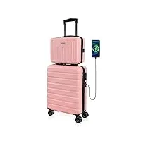 anyzip set de 2 valise trolley cabine pc abs bagage à main avec usb et serrure tsa trolley rigide bagages cabine 4 roulettes avec portable vanity case (rose)