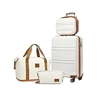 kono set de 4 valises de voyage rigide bagage cabine 55cm avec portable vanity case + pliable sac de voyage pour sport avec trousse de maquillage, blanc crème