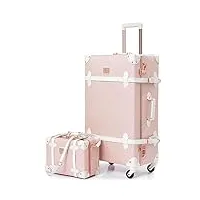 nzbz ensemble valise vintage voyage avec verrouillage numérique luxe mignon rétro sets de bagages cabine, valise 4 roues (rose élégant, s(12")+m(20"))