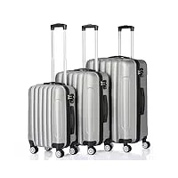 set de 3 valise rigide ensemble de suitcase,plastique valise de voyage bagages cabine grande taille bagage trolley avec 4 roues doubles et verrouillage tsa (gris argent)