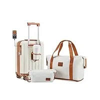 joyway set de 3 valises de valise cabine taille rigide extensible 45cm à 4 roulettes et serrure tsa + pliable sac de voyage pour sport avec trousse de maquillage, blanc marron